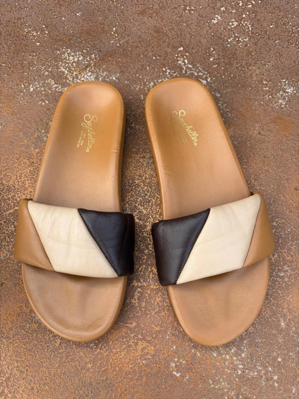 Seychelles tan & brown bubble color block leather sandal slides Sz 8 #eurosummer